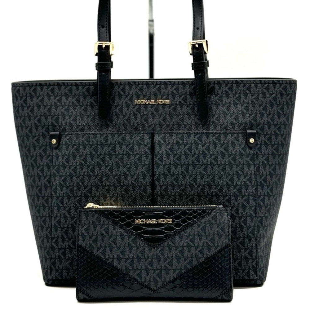 Michael Kors Jet Set Medium Pocket Tote Bag & Double Zip Wallet Black Multi